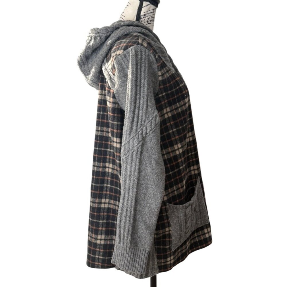 Anthropologie Moth Derry Plaid Jacket Hooded Cable Knit Sweater Wool Women Sz L - Picture 3 of 10